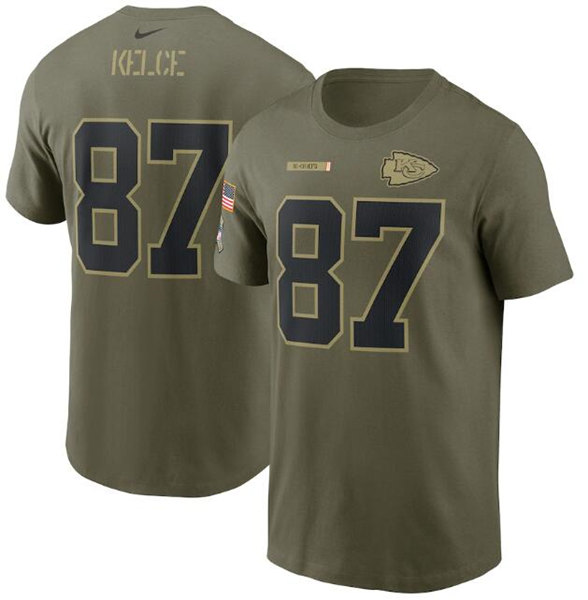 Men's Kansas City Chiefs #87 Travis Kelce 2021 Olive Salute To Service Legend Performance T-Shirt